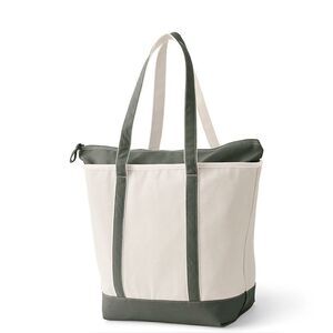 Land's End Canvas Tote Zip Bag Cream Dark Olive Large Pockets Embroidered Louis